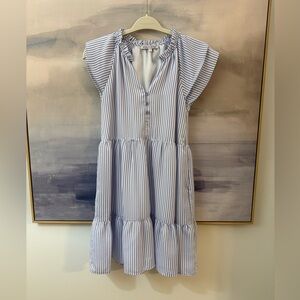Joy Joy Lavender Striped Ruffle Sleeve Tiered Dress